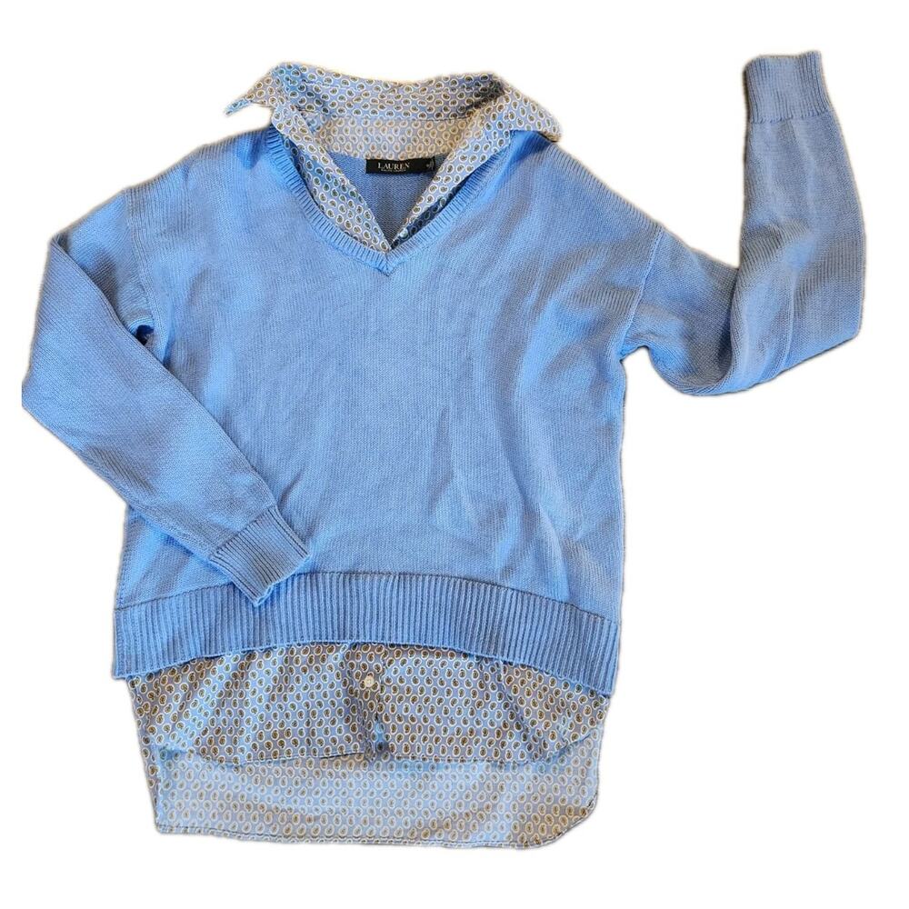 Lauren Ralph Lauren Shirt Tail Sweater Women Med Blue Paisley Preppy Academia